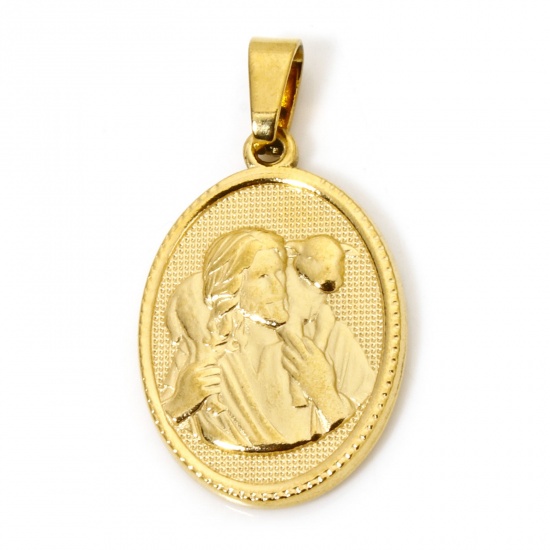Image de 2 Pcs Pendentif Breloque en 304 Acier Inoxydable Revêtement sous Vide PVD Respectueux de l'Environnement Religieux Plaqué Or 18K Ovale Jésus 3cm x 1.6cm