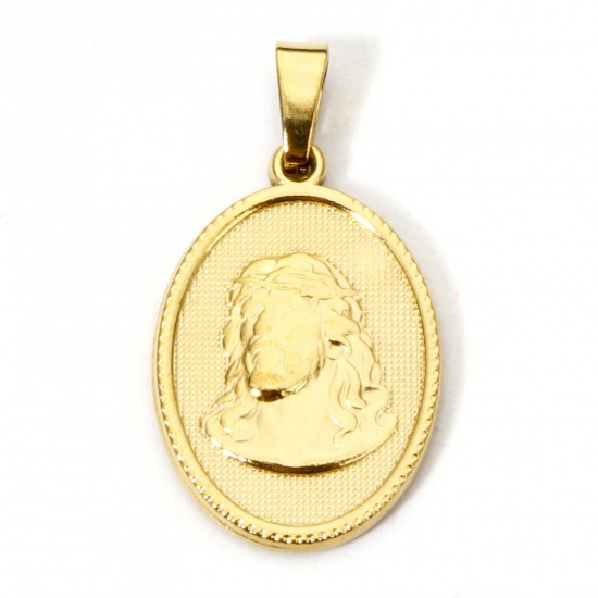 Image de 2 Pcs Pendentif Breloque en 304 Acier Inoxydable Revêtement sous Vide PVD Respectueux de l'Environnement Religieux Plaqué Or 18K Ovale Jésus 3cm x 1.6cm