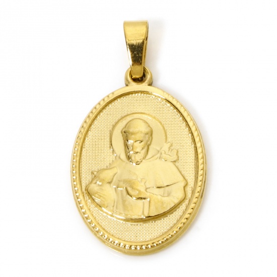Image de 2 Pcs Pendentif Breloque en 304 Acier Inoxydable Placage sous Vide Religieux Ovale Plaqué Or 18K Jésus 3cm x 1.6cm