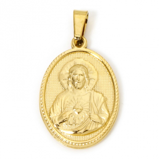 Image de 2 Pcs Pendentif Breloque en 304 Acier Inoxydable Revêtement sous Vide PVD Respectueux de l'Environnement Religieux Plaqué Or 18K Ovale Jésus 3cm x 1.6cm