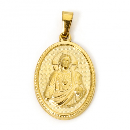 Image de 2 Pcs Pendentif Breloque en 304 Acier Inoxydable Revêtement sous Vide PVD Respectueux de l'Environnement Religieux Plaqué Or 18K Ovale Jésus 3cm x 1.6cm
