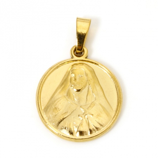 Image de 2 Pcs Pendentif Breloque en 304 Acier Inoxydable Revêtement sous Vide PVD Respectueux de l'Environnement Religieux Plaqué Or 18K Disque Rond Sainte Vierge Marie 26mm x 18mm