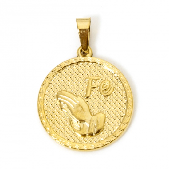 Image de 2 Pcs Pendentif Breloque en 304 Acier Inoxydable Revêtement sous Vide PVD Respectueux de l'Environnement Religieux Plaqué Or 18K Disque Rond Main 26mm x 18.5mm