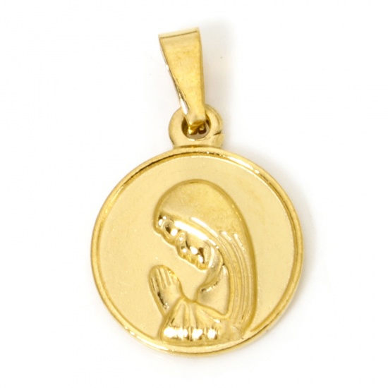 Image de 2 Pcs Pendentif Breloque en 304 Acier Inoxydable Revêtement sous Vide PVD Respectueux de l'Environnement Religieux Plaqué Or 18K Disque Rond Sainte Vierge Marie 24mm x 15mm