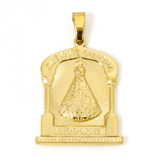 Image de 2 Pcs Pendentif Breloque en 304 Acier Inoxydable Revêtement sous Vide PVD Respectueux de l'Environnement Religieux Plaqué Or 18K Rectangle Cloche 3.2cm x 2cm