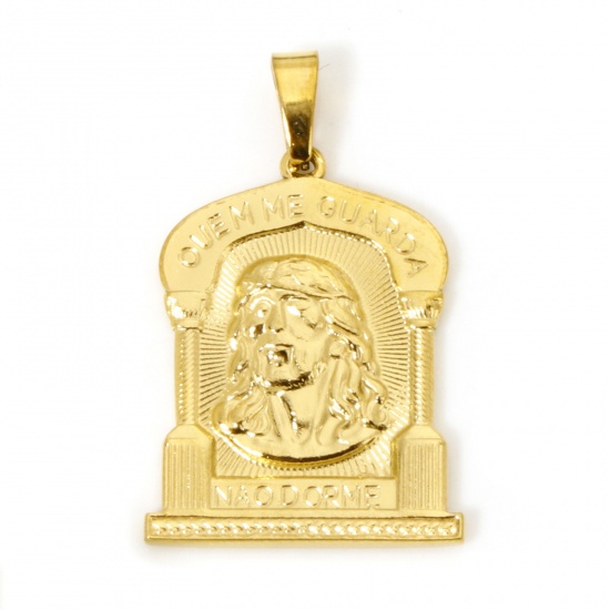 Image de 2 Pcs Pendentif Breloque en 304 Acier Inoxydable Placage sous Vide Religieux Rectangle Plaqué Or 18K Jésus 3.2cm x 2cm
