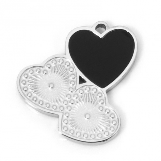 Picture of 2 PCs 304 Stainless Steel & Natural Shell Charms Silver Tone Black Heart 15mm x 14mm