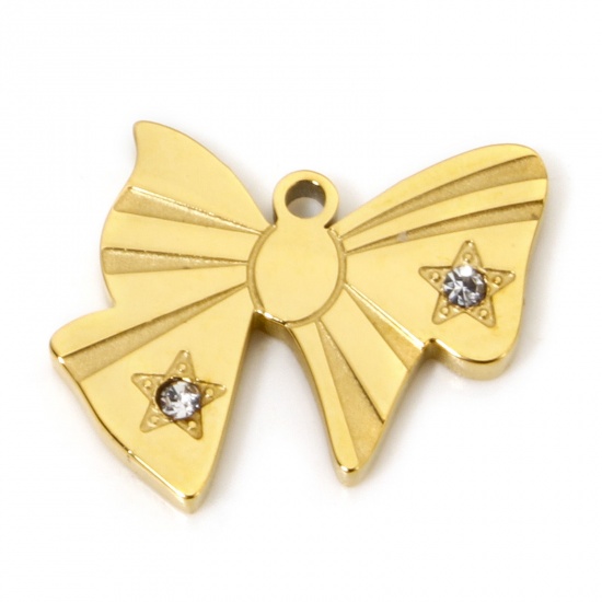 Picture of 2 PCs Vacuum Plating 304 Stainless Steel & Shell Charms 18K Gold Plated Bowknot 15mm x 13mm