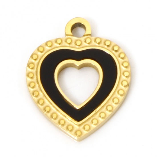 Picture of 2 PCs Vacuum Plating 304 Stainless Steel & Natural Shell Charms 18K Gold Plated Black Heart 15mm x 12mm