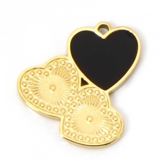 Picture of 2 PCs Vacuum Plating 304 Stainless Steel & Natural Shell Charms 18K Gold Plated Black Heart 15mm x 14mm