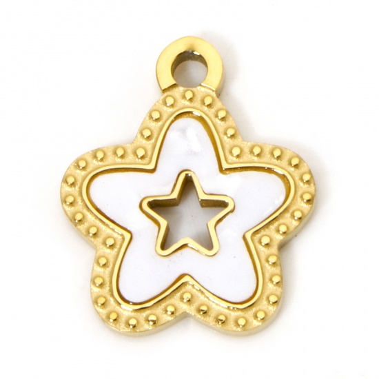 Picture of 2 PCs Vacuum Plating 304 Stainless Steel & Natural Shell Charms White Black Pentagram Star 15mm x 13mm