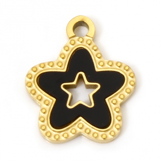 Picture of 2 PCs Vacuum Plating 304 Stainless Steel & Natural Shell Charms 18K Gold Plated Black Pentagram Star 15mm x 13mm