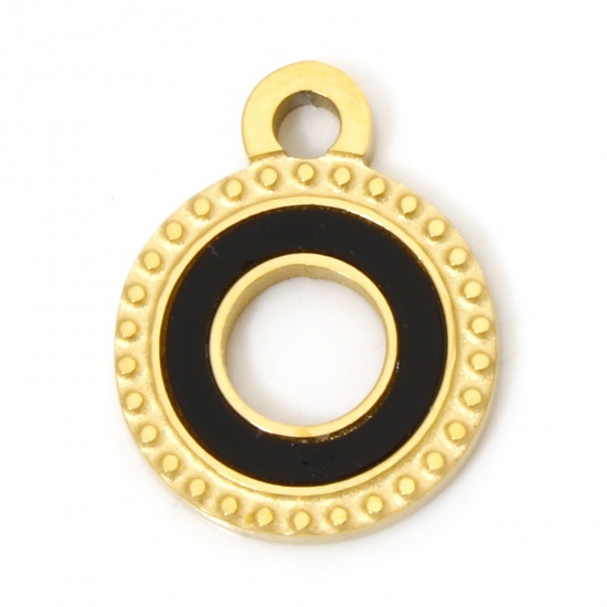 Picture of 2 PCs Vacuum Plating 304 Stainless Steel & Natural Shell Charms 18K Gold Plated Black Round 15mm x 12mm