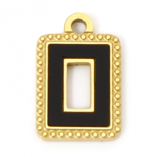 Picture of 2 PCs Vacuum Plating 304 Stainless Steel & Natural Shell Charms 18K Gold Plated Black Rectangle 15mm x 10mm