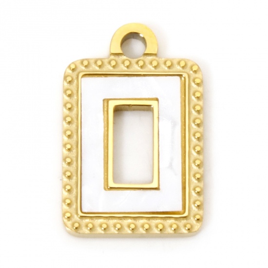 Picture of 2 PCs Vacuum Plating 304 Stainless Steel & Natural Shell Charms White Black Rectangle 15mm x 10mm