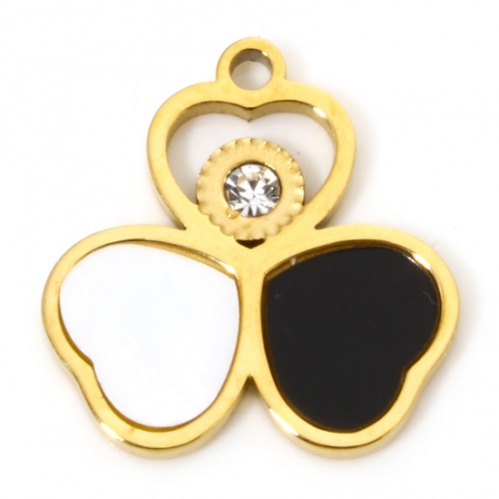 Image de 2 Pcs Breloques en 304 Acier Inoxydable & Coquille Naturelle Revêtement sous Vide PVD Respectueux de l'Environnement Plaqué Or 18K Noir & Blanc Cœur 15mm x 15mm