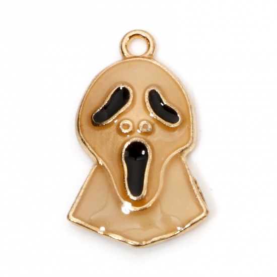 Picture of 10 PCs Zinc Based Alloy Halloween Charms Gold Plated Ghost Face Glow In The Dark Luminous 25mm x 15mm