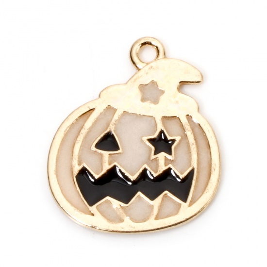 Picture of 10 PCs Zinc Based Alloy Halloween Charms Gold Plated Pumpkin Glow In The Dark Luminous 23mm x 20mm