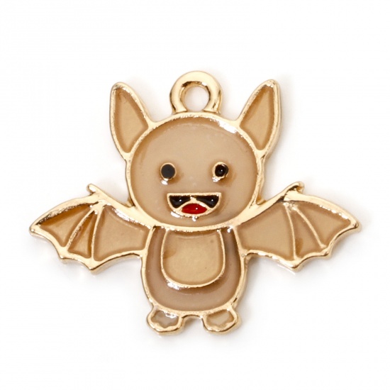 Picture of 10 PCs Zinc Based Alloy Halloween Charms Gold Plated Halloween Bat Animal Glow In The Dark Luminous 23mm x 19mm