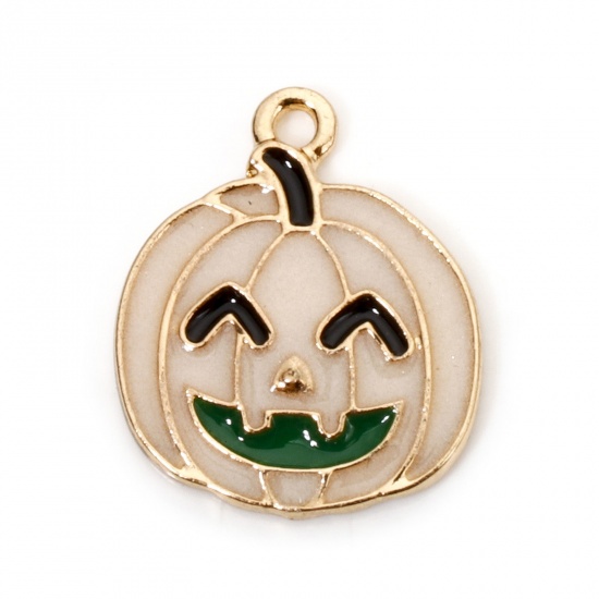 Picture of 10 PCs Zinc Based Alloy Halloween Charms Gold Plated Pumpkin Glow In The Dark Luminous 19.5mm x 16mm