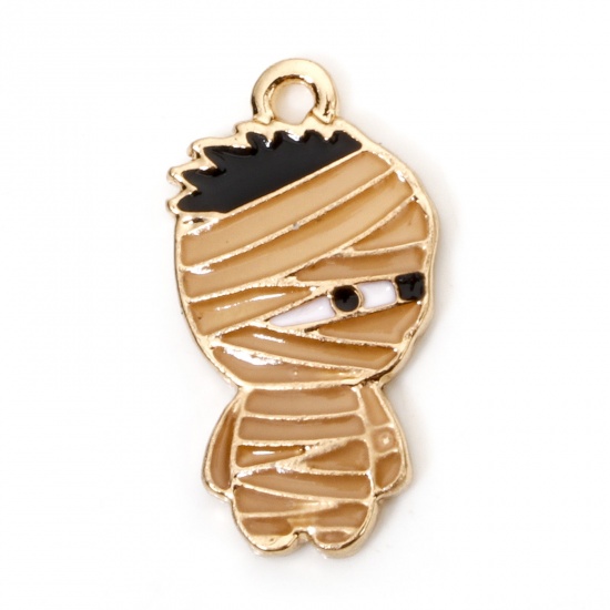 Picture of 10 PCs Zinc Based Alloy Halloween Charms Gold Plated Halloween Mummy Glow In The Dark Luminous 22mm x 12mm