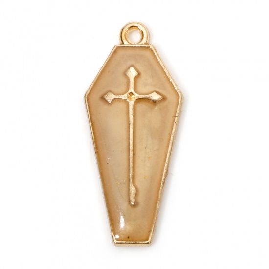 Picture of 10 PCs Zinc Based Alloy Halloween Charms Gold Plated Coffin Cross Glow In The Dark Luminous 26mm x 11.5mm