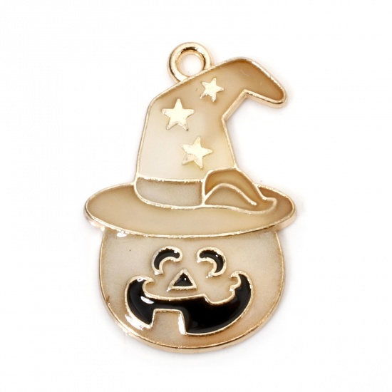 Picture of 10 PCs Zinc Based Alloy Halloween Charms Gold Plated Pumpkin Halloween Witch Hat Glow In The Dark Luminous 3cm x 2cm