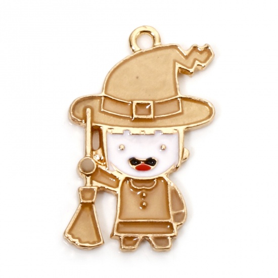 Picture of 10 PCs Zinc Based Alloy Halloween Charms Gold Plated Broom Halloween Wizard Glow In The Dark Luminous 26mm x 17mm