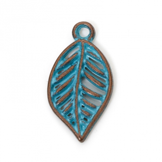 Picture of 50 PCs Zinc Based Alloy Patina Charms Antique Copper Blue Leaf 19mm x 10mm