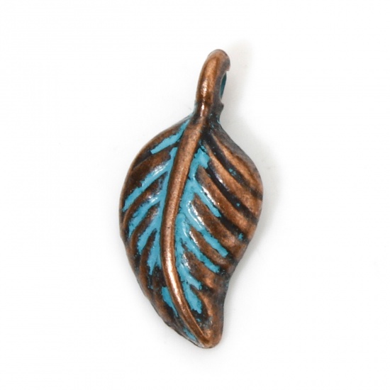 Picture of 100 PCs Zinc Based Alloy Patina Charms Antique Copper Blue Leaf 15mm x 7mm