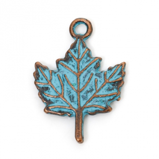 Picture of 50 PCs Zinc Based Alloy Patina Charms Antique Copper Blue Leaf 19mm x 13.5mm