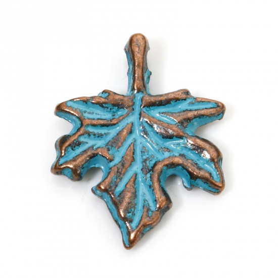 Picture of 50 PCs Zinc Based Alloy Patina Charms Antique Copper Blue Leaf 17mm x 13.5mm