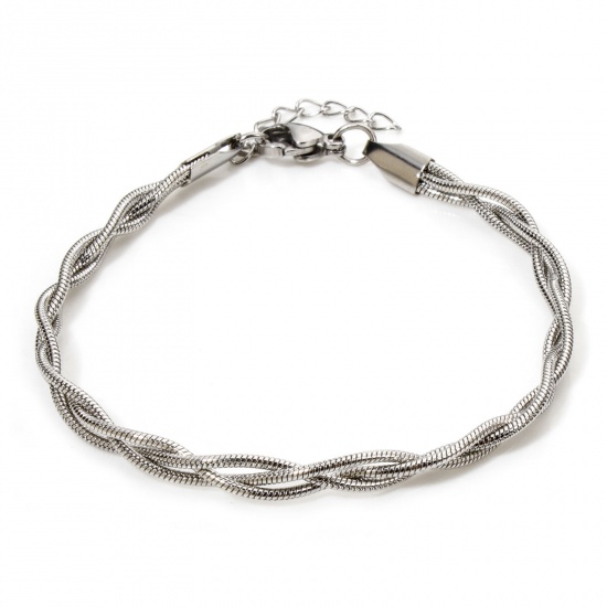 Picture of 1 Piece 304 Stainless Steel Weave Braided Snake Chain Bracelets Silver Tone 17cm(6.7") long