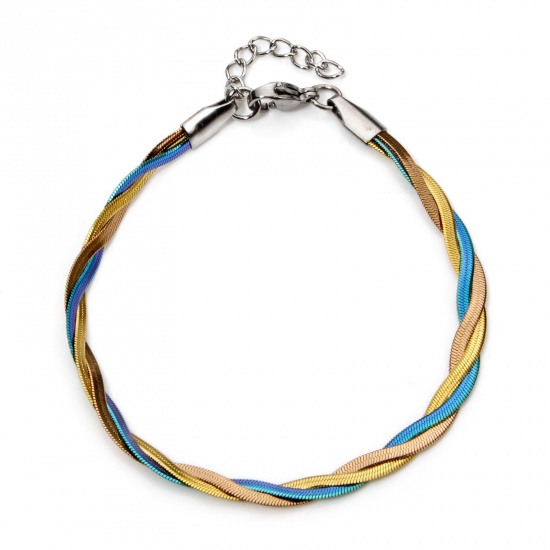 Picture of 1 Piece Vacuum Plating 304 Stainless Steel Weave Braided Snake Chain Bracelets Multicolor 17cm(6.7") long