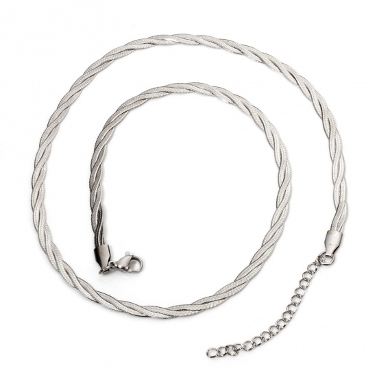 Picture of 1 Piece 304 Stainless Steel Weave Braided Snake Chain Necklace For DIY Jewelry Making Silver Tone 45cm(17.7") long, Chain Size: 4mm