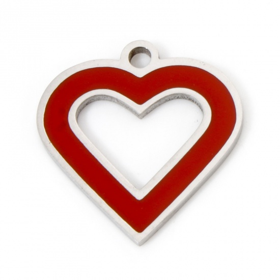 Immagine di 2 Pz Ecologico 304 Acciaio Inossidabile San Valentino Ciondoli Cuore Tono Argento Rosso Anello Smalto 16.5mm x 16mm