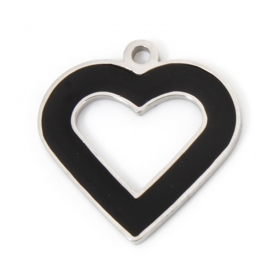 Immagine di 2 Pz Ecologico 304 Acciaio Inossidabile San Valentino Ciondoli Cuore Tono Argento Nero Anello Smalto 17mm x 16.5mm