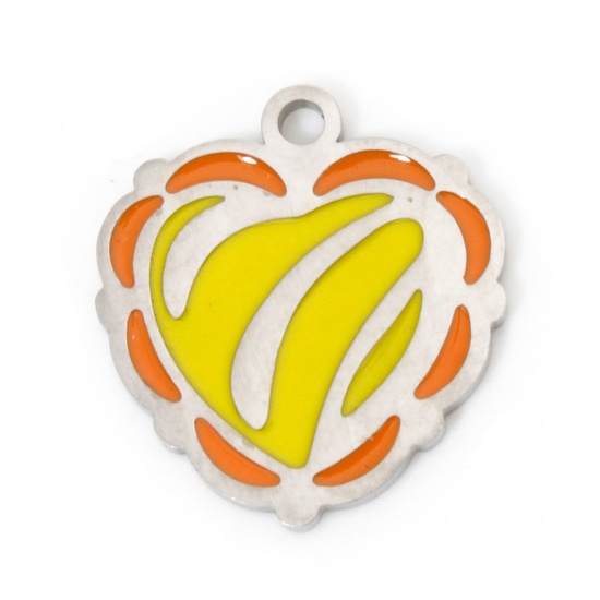 Immagine di 2 Pz Ecologico 304 Acciaio Inossidabile San Valentino Ciondoli Cuore Tono Argento Arancione & Giallo Smalto 16.5mm x 15mm