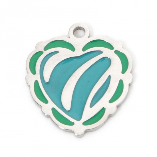 Immagine di 2 Pz Ecologico 304 Acciaio Inossidabile San Valentino Ciondoli Cuore Tono Argento Blu & Verde Smalto 16.5mm x 15mm