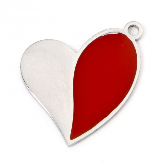Immagine di 2 Pz Ecologico 304 Acciaio Inossidabile San Valentino Ciondoli Cuore Tono Argento Rosso Smalto 25mm x 19.5mm