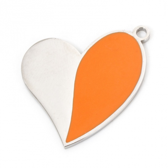 Immagine di 2 Pz Ecologico 304 Acciaio Inossidabile San Valentino Ciondoli Cuore Tono Argento Arancione Smalto 25mm x 19.5mm