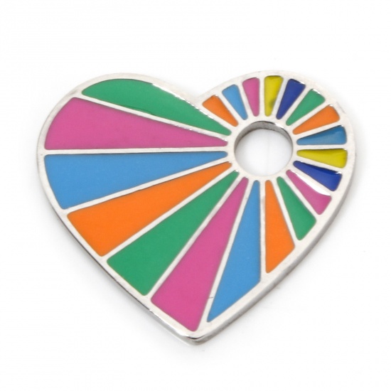 Immagine di 2 Pz Ecologico 304 Acciaio Inossidabile San Valentino Ciondoli Cuore Tono Argento Multicolore Smalto 20mm x 18mm