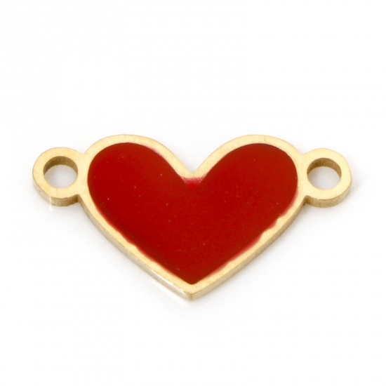 Image de 2 Pcs Connecteurs Pendentifs Breloques en 304 Acier Inoxydable Placage sous Vide La Saint Valentin Cœur Doré Rouge Émail 16mm x 8.5mm