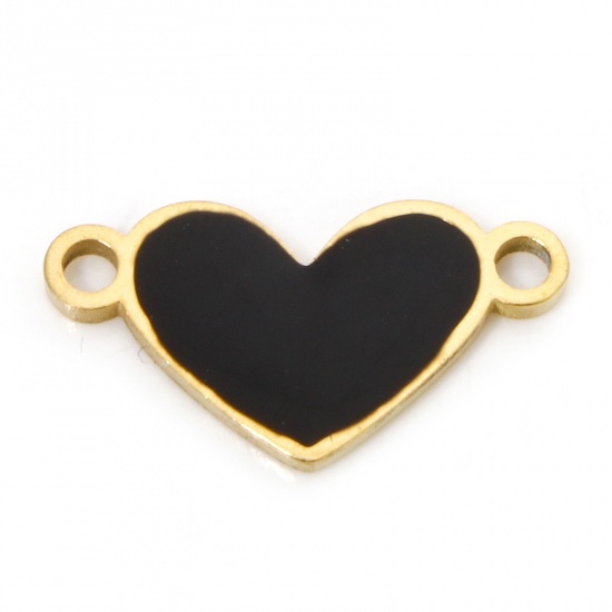 Image de 2 Pcs Connecteurs Pendentifs Breloques en 304 Acier Inoxydable Placage sous Vide La Saint Valentin Cœur Doré Noir Émail 16mm x 8.5mm