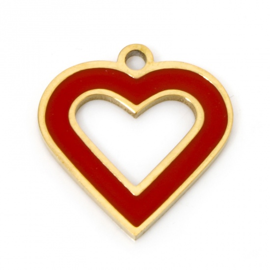 Image de 2 Pcs Breloques en 304 Acier Inoxydable Placage sous Vide La Saint Valentin Cœur Doré Rouge Anneau Émail 16.5mm x 16mm