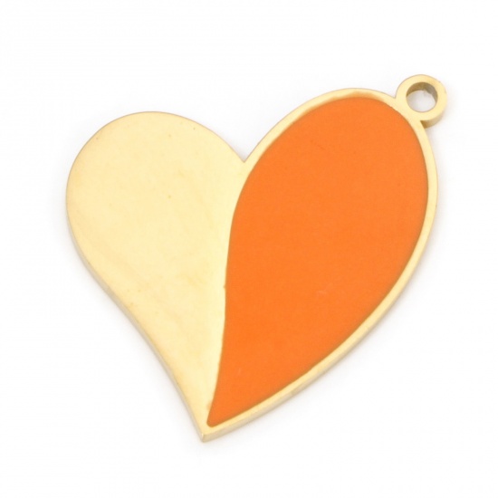 Image de 2 Pcs Breloques en 304 Acier Inoxydable Placage sous Vide La Saint Valentin Cœur Doré Orange Émail 25mm x 19.5mm