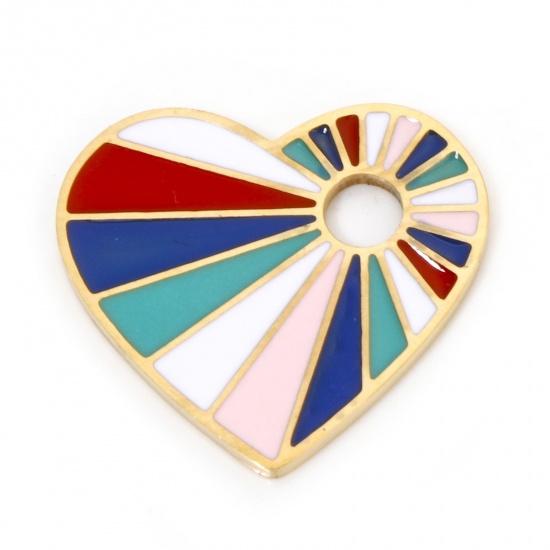 Image de 2 Pcs Breloques en 304 Acier Inoxydable Placage sous Vide La Saint Valentin Cœur Doré Multicolore Émail 20mm x 18mm