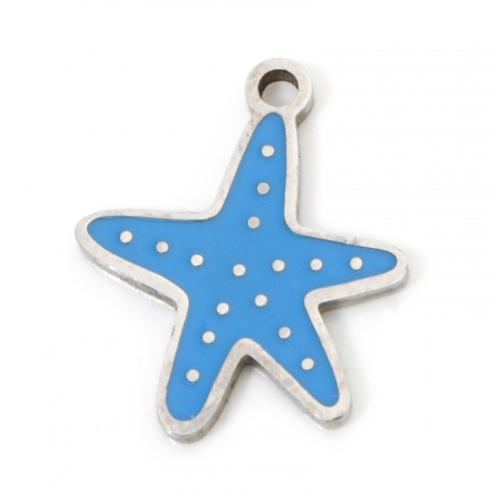 Picture of 2 PCs Eco-friendly 304 Stainless Steel Ocean Jewelry Charms Silver Tone Blue Starfish Enamel 16mm x 13.5mm