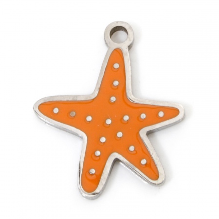 Picture of 2 PCs Eco-friendly 304 Stainless Steel Ocean Jewelry Charms Silver Tone Orange Starfish Enamel 16mm x 13.5mm