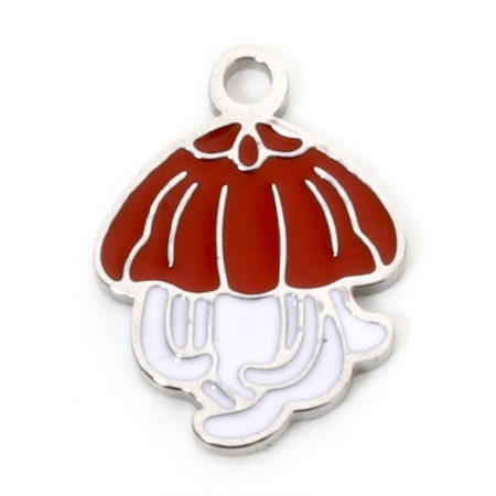 Picture of 2 PCs Eco-friendly 304 Stainless Steel Ocean Jewelry Charms Silver Tone White & Red Jellyfish Enamel 16.5mm x 12mm